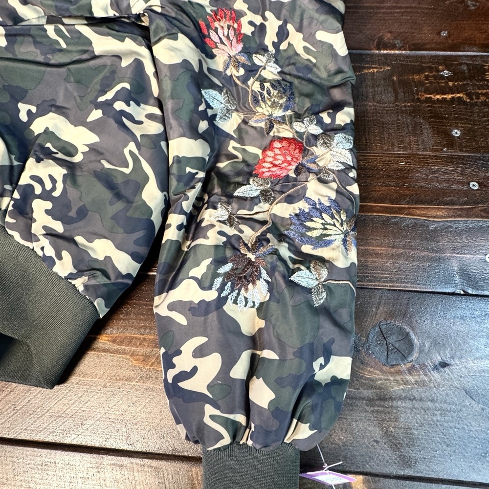 Zara Trafaluc Camouflage Floral Embroidered Hooded‎ Zip Off Fur Coat Womens XS - Picture 10 of 13
